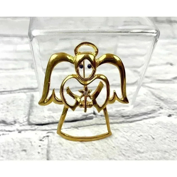 Angel Gold Tone Pin Brooch Christmas Holiday Blue Rhinestone Eyes - Picture 3 of 8